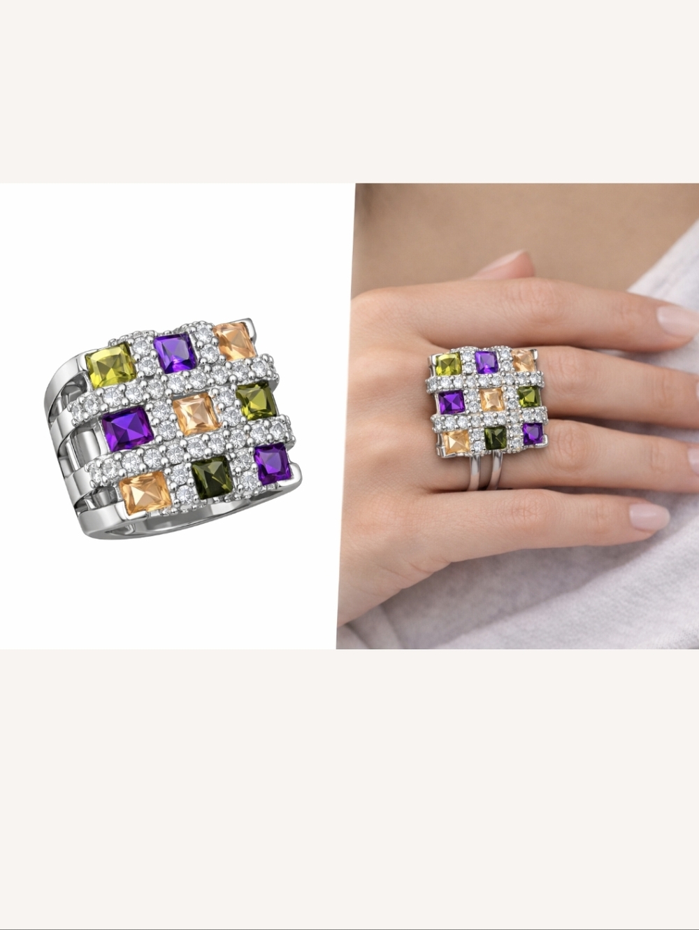 Cocktail Ring Silver Cluster Square Gemstone  Fashion Jewelry Statement Band